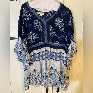 Style & Co Babydoll Peasant Top, mixed print, 3/4 Ruffled Sleeves & Lace Trim XL